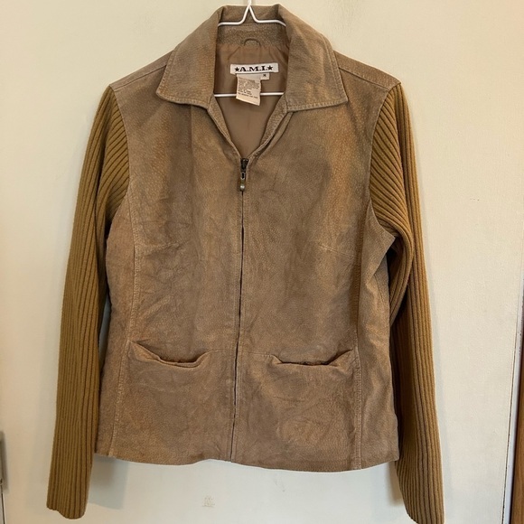 Vintage Women’s A.m.i. 100% Leather Brown Long Sleeve Jacket medium - Picture 1 of 5